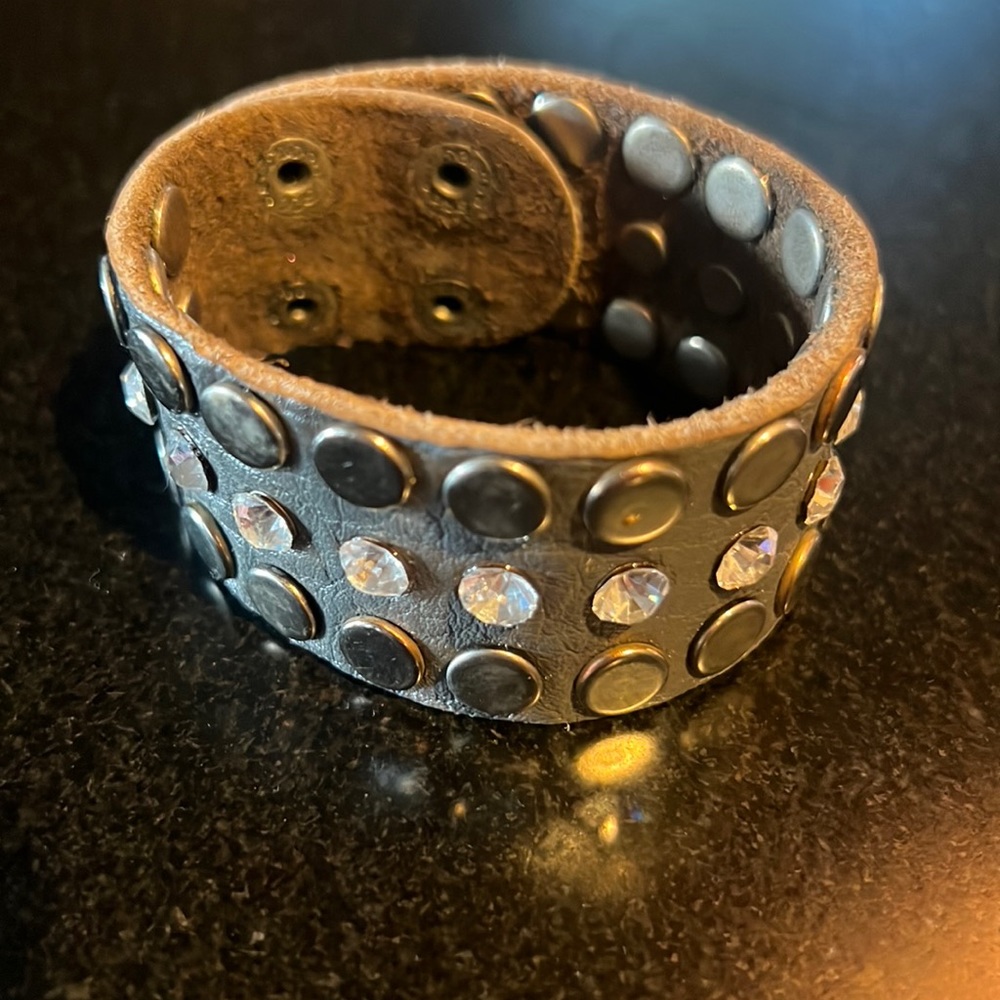 Leather adjustable snap bracelet with studs and gems